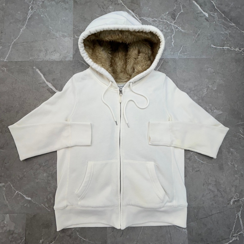 Vintage Abercrombie Fitch Fur Lined Hoodie Womens XL Full Zip Sweatshirt White
